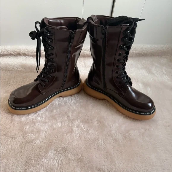 Dream Pairs Glossy Dark Brown Lace-Up Combat Boots - Picture 13 of 17